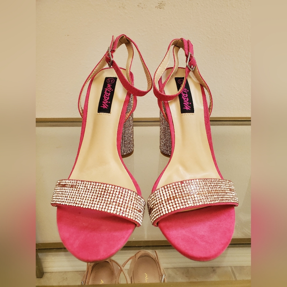 Wild Diva Rhinestone Ankle Strap Block Heel Sandals